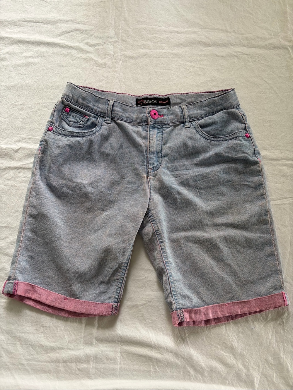 Jordache Girls 16 Pink Denim Bermuda Shorts Hot Pink Cuffs Rivets Spandex S16